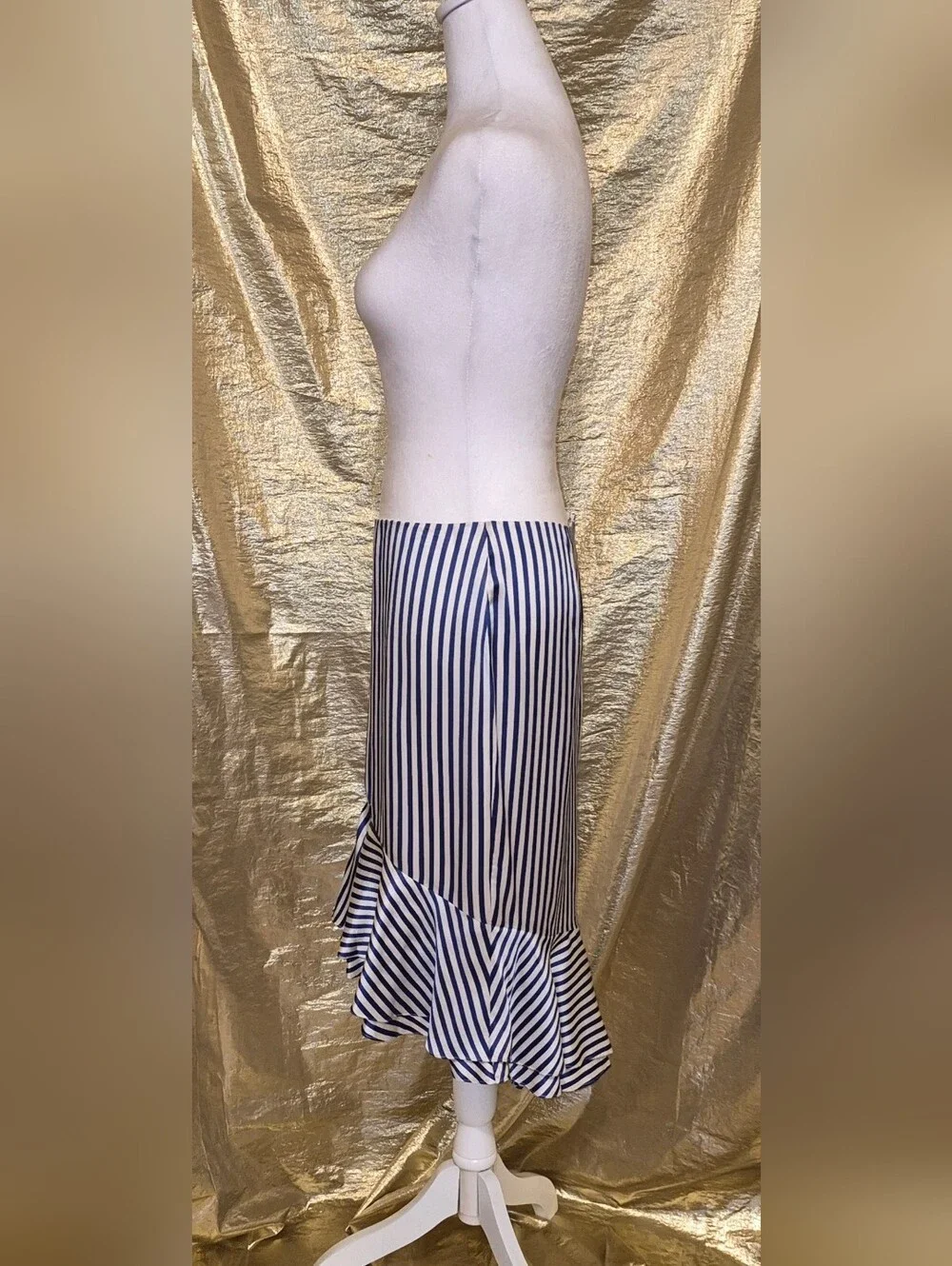Ralph Lauren Navy and White Vertical-Striped Ruffle-Hem Silk Midi Skirt